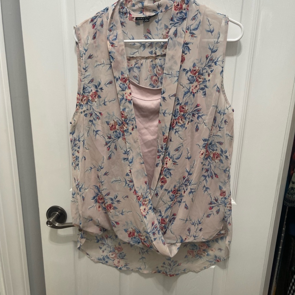 Sara Michelle Floral Drape Blouse - Cream and Blue - Picture 4 of 14